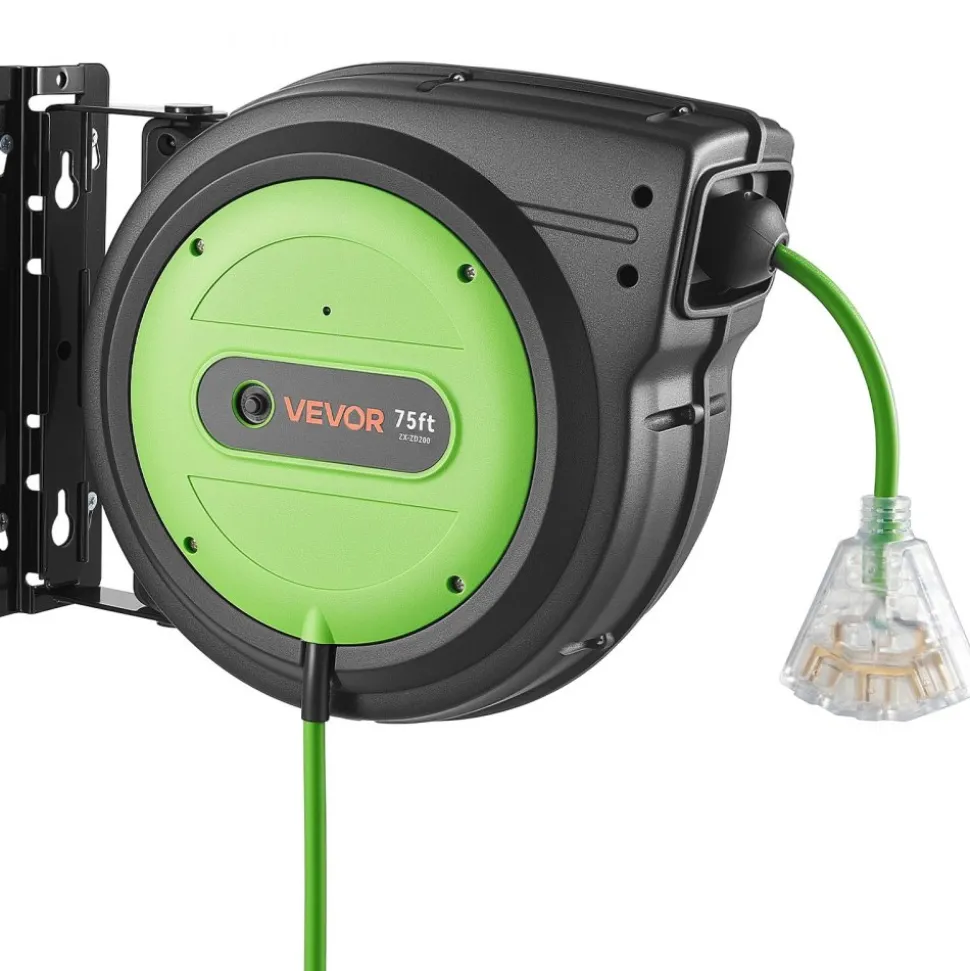 VEVOR Retractable Extension Cord Reel 75FT Heavy Duty 14AWG/3C SJTOW Green, for Ceiling/Wall Mount, 13A Circuit Breaker, Automatic Retractable Power Cord, Lighted Triple Tap, with 180° Swivel Bracket