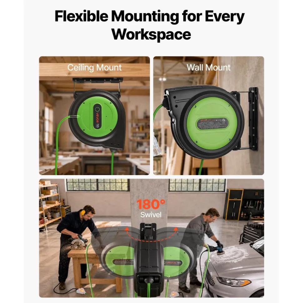 VEVOR Retractable Extension Cord Reel 75FT Heavy Duty 14AWG/3C SJTOW Green, for Ceiling/Wall Mount, 13A Circuit Breaker, Automatic Retractable Power Cord, Lighted Triple Tap, with 180° Swivel Bracket