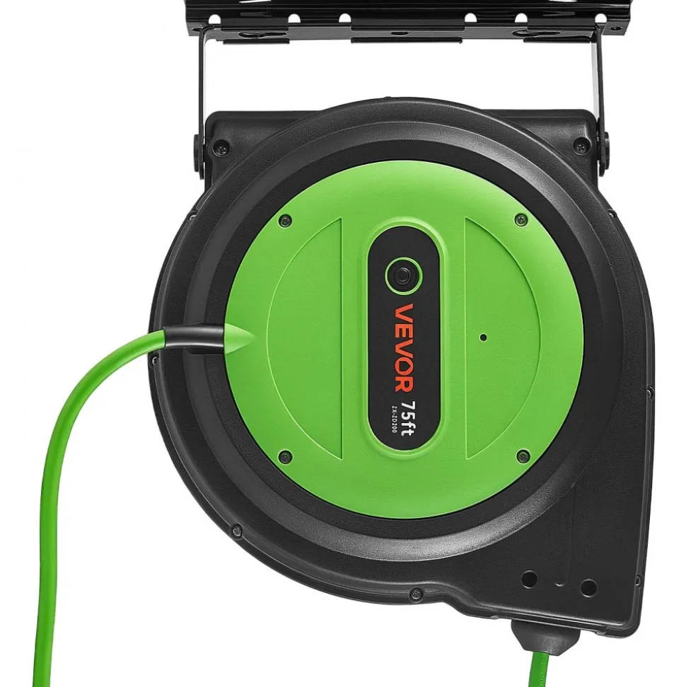 VEVOR Retractable Extension Cord Reel 75FT Heavy Duty 14AWG/3C SJTOW Green, for Ceiling/Wall Mount, 13A Circuit Breaker, Automatic Retractable Power Cord, Lighted Triple Tap, with 180° Swivel Bracket