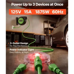 VEVOR Retractable Extension Cord Reel 65FT Heavy Duty 12AWG/3C SJTOW Green, for Ceiling/Wall Mount, 15A Circuit Breaker, Automatic Retractable Power Cord, Lighted Triple Tap, with 180° Swivel Bracket