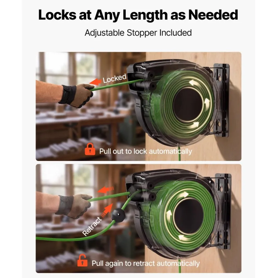 VEVOR Retractable Extension Cord Reel 65FT Heavy Duty 12AWG/3C SJTOW Green, for Ceiling/Wall Mount, 15A Circuit Breaker, Automatic Retractable Power Cord, Lighted Triple Tap, with 180° Swivel Bracket