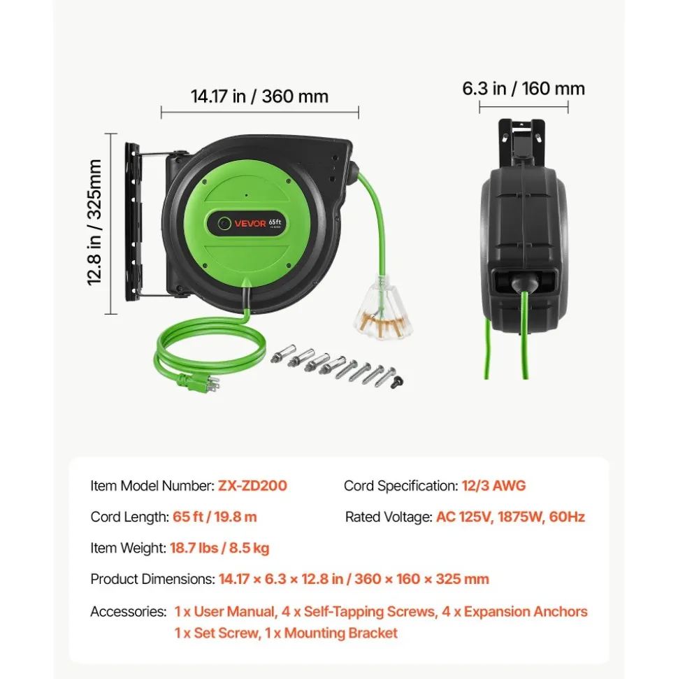 VEVOR Retractable Extension Cord Reel 65FT Heavy Duty 12AWG/3C SJTOW Green, for Ceiling/Wall Mount, 15A Circuit Breaker, Automatic Retractable Power Cord, Lighted Triple Tap, with 180° Swivel Bracket