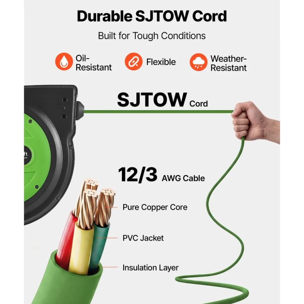 VEVOR Retractable Extension Cord Reel 65FT Heavy Duty 12AWG/3C SJTOW Green, for Ceiling/Wall Mount, 15A Circuit Breaker, Automatic Retractable Power Cord, Lighted Triple Tap, with 180° Swivel Bracket