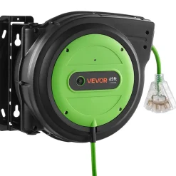 VEVOR Retractable Extension Cord Reel 65FT Heavy Duty 12AWG/3C SJTOW Green, for Ceiling/Wall Mount, 15A Circuit Breaker, Automatic Retractable Power Cord, Lighted Triple Tap, with 180° Swivel Bracket