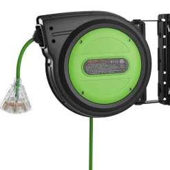 VEVOR Retractable Extension Cord Reel 65FT Heavy Duty 12AWG/3C SJTOW Green, for Ceiling/Wall Mount, 15A Circuit Breaker, Automatic Retractable Power Cord, Lighted Triple Tap, with 180° Swivel Bracket