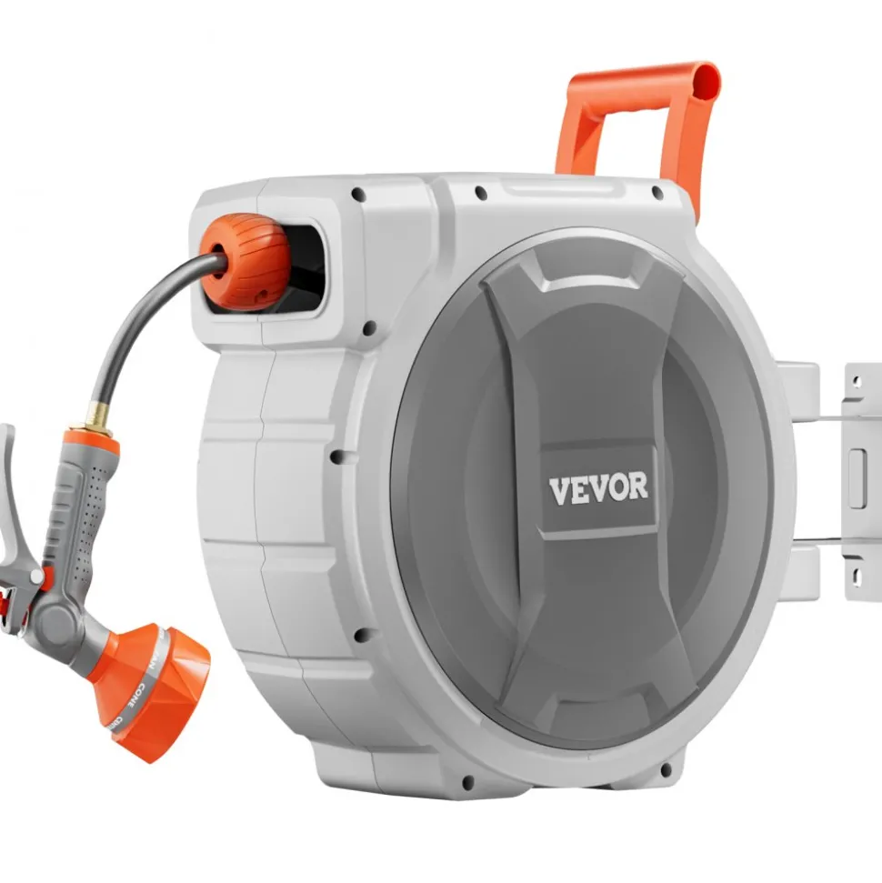 VEVOR Retractable Garden Hose Reel, 1/2 Inch x 145 ft Wall Mounted Hose Reel, Heavy Duty Garden Hose Reel with 9 Patterns Nozzle, Any Length Lock, Upgraded Slow Return System and 180°Swivel Bracket