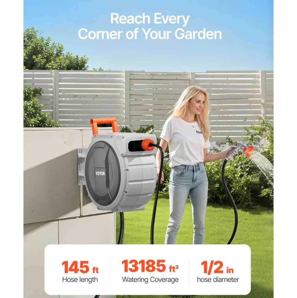 VEVOR Retractable Garden Hose Reel, 1/2 Inch x 145 ft Wall Mounted Hose Reel, Heavy Duty Garden Hose Reel with 9 Patterns Nozzle, Any Length Lock, Upgraded Slow Return System and 180°Swivel Bracket