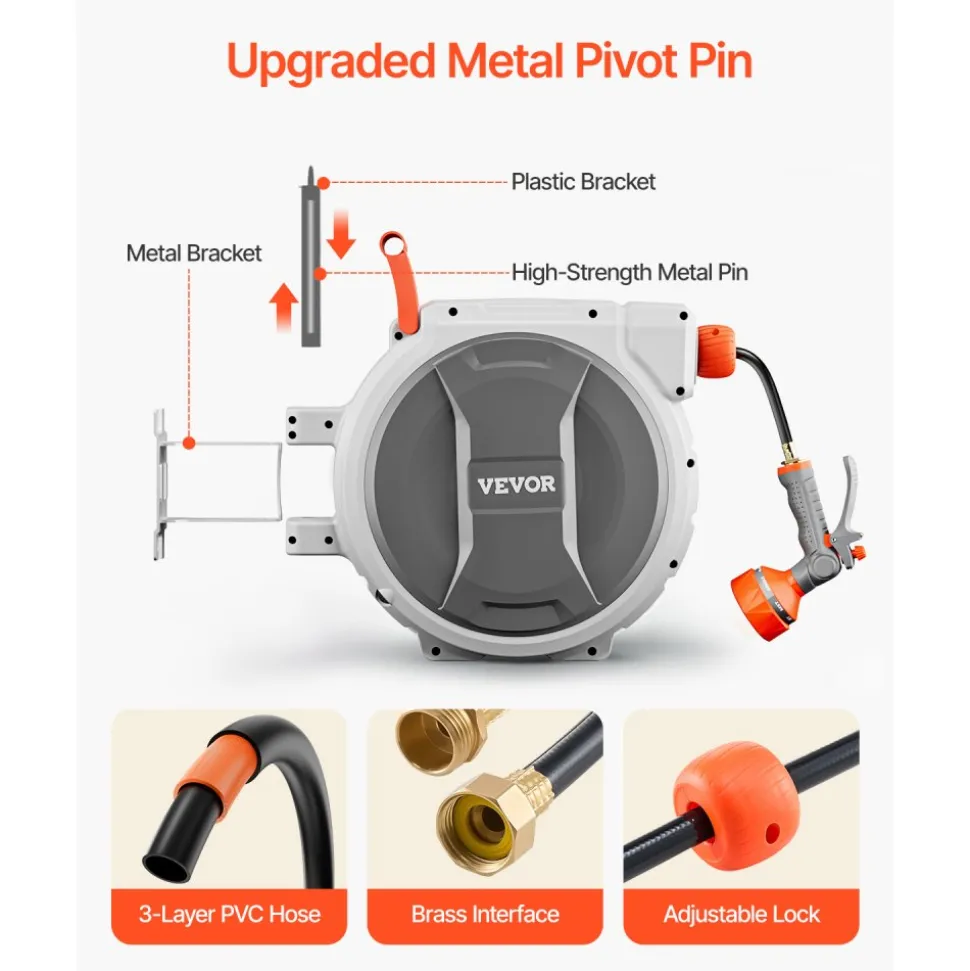 VEVOR Retractable Garden Hose Reel, 1/2 Inch x 145 ft Wall Mounted Hose Reel, Heavy Duty Garden Hose Reel with 9 Patterns Nozzle, Any Length Lock, Upgraded Slow Return System and 180°Swivel Bracket