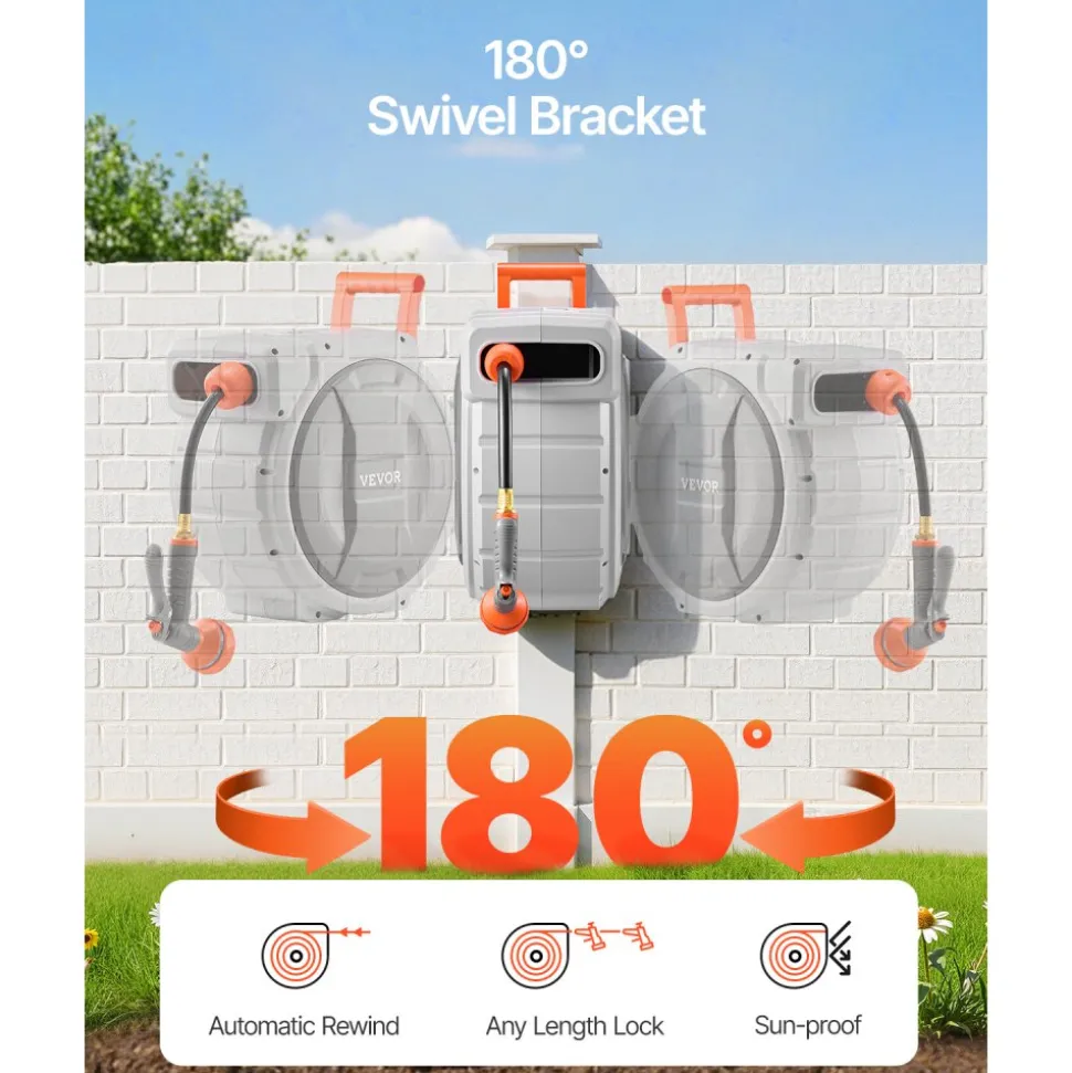 VEVOR Retractable Garden Hose Reel, 1/2 Inch x 145 ft Wall Mounted Hose Reel, Heavy Duty Garden Hose Reel with 9 Patterns Nozzle, Any Length Lock, Upgraded Slow Return System and 180°Swivel Bracket