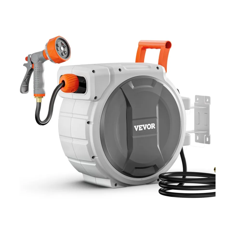 VEVOR Retractable Garden Hose Reel, 1/2 Inch x 145 ft Wall Mounted Hose Reel, Heavy Duty Garden Hose Reel with 9 Patterns Nozzle, Any Length Lock, Upgraded Slow Return System and 180°Swivel Bracket