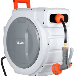 VEVOR Retractable Garden Hose Reel, 1/2 in x 130 ft, Wall Mounted Hose Reel with 9-Function Sprayer Nozzle and 180° Swivel Bracket, Any Length Lock, Automatic Slow Rewind System, for Garden Watering