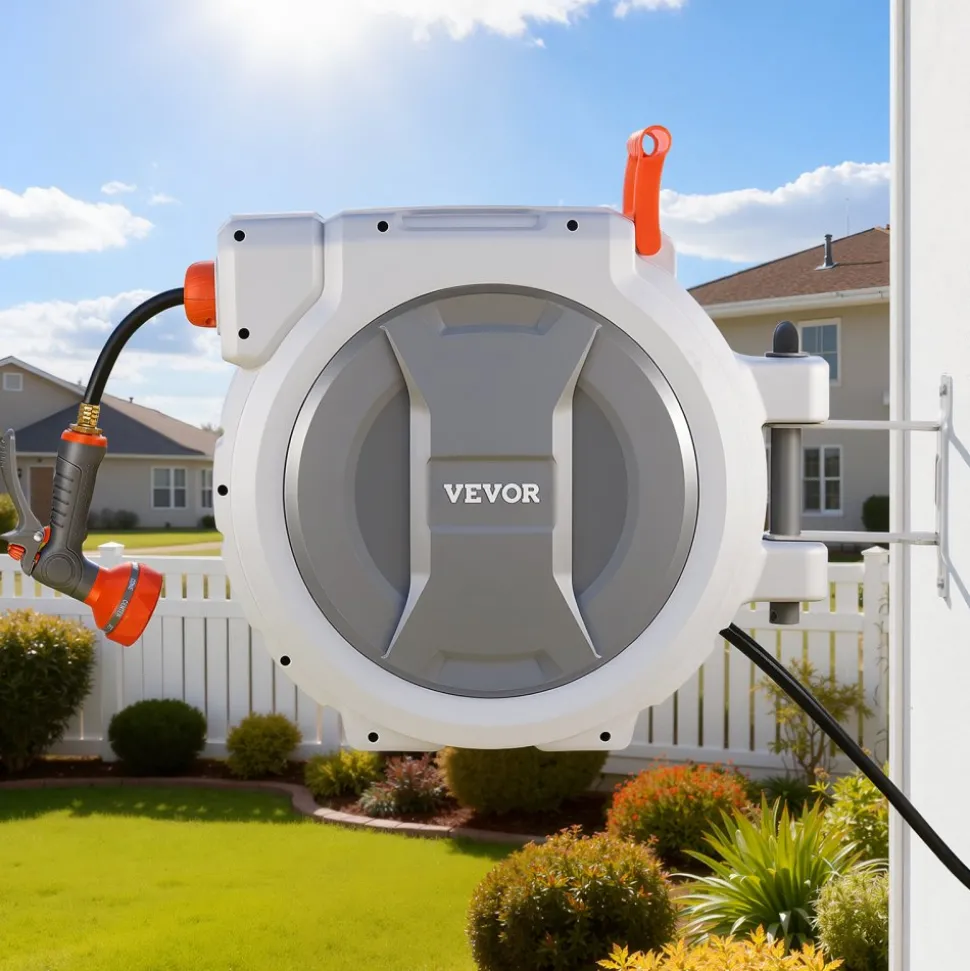 VEVOR Retractable Garden Hose Reel, 1/2 in x 130 ft, Wall Mounted Hose Reel with 9-Function Sprayer Nozzle and 180° Swivel Bracket, Any Length Lock, Automatic Slow Rewind System, for Garden Watering