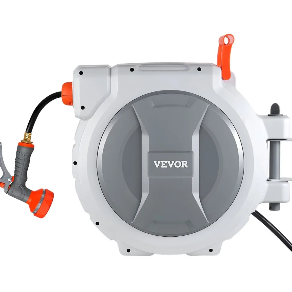 VEVOR Retractable Garden Hose Reel, 1/2 in x 130 ft, Wall Mounted Hose Reel with 9-Function Sprayer Nozzle and 180° Swivel Bracket, Any Length Lock, Automatic Slow Rewind System, for Garden Watering