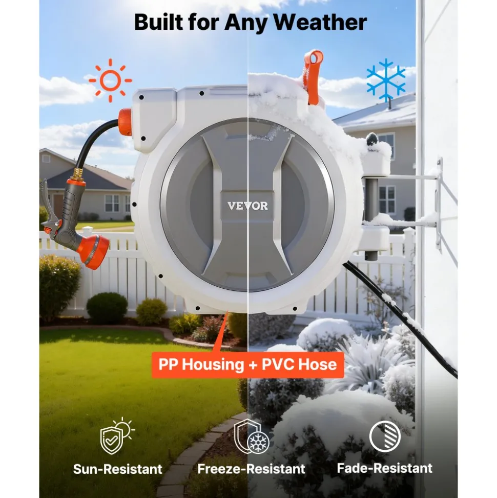 VEVOR Retractable Garden Hose Reel, 1/2 in x 130 ft, Wall Mounted Hose Reel with 9-Function Sprayer Nozzle and 180° Swivel Bracket, Any Length Lock, Automatic Slow Rewind System, for Garden Watering