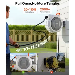 VEVOR Retractable Garden Hose Reel, 1/2 in x 130 ft, Wall Mounted Hose Reel with 9-Function Sprayer Nozzle and 180° Swivel Bracket, Any Length Lock, Automatic Slow Rewind System, for Garden Watering