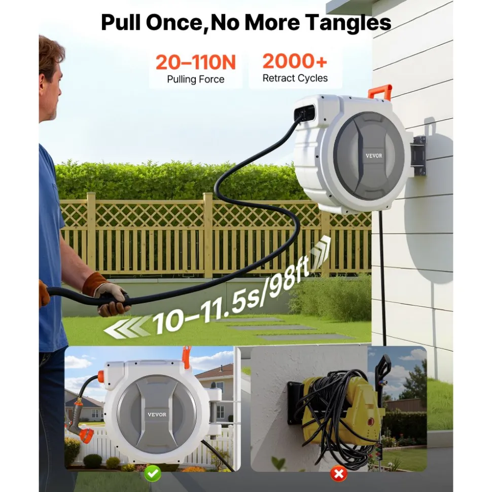 VEVOR Retractable Garden Hose Reel, 1/2 in x 130 ft, Wall Mounted Hose Reel with 9-Function Sprayer Nozzle and 180° Swivel Bracket, Any Length Lock, Automatic Slow Rewind System, for Garden Watering