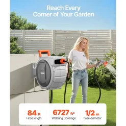 VEVOR Retractable Garden Hose Reel, 1/2 Inch x 84 ft Wall Mounted Hose Reel, Heavy Duty Garden Hose Reel with 9 Patterns Nozzle, Any Length Lock, Upgraded Slow Return System and 180°Swivel Bracket