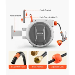 VEVOR Retractable Garden Hose Reel, 1/2 Inch x 84 ft Wall Mounted Hose Reel, Heavy Duty Garden Hose Reel with 9 Patterns Nozzle, Any Length Lock, Upgraded Slow Return System and 180°Swivel Bracket