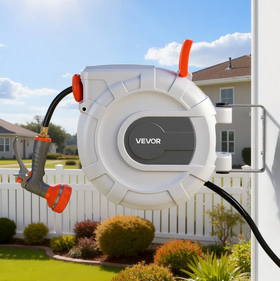 VEVOR Retractable Garden Hose Reel, 1/2 in x 50 ft, Wall Mounted Hose Reel with 9-Function Sprayer Nozzle and 180° Swivel Bracket, Any Length Lock, Automatic Slow Rewind System, for Garden Watering