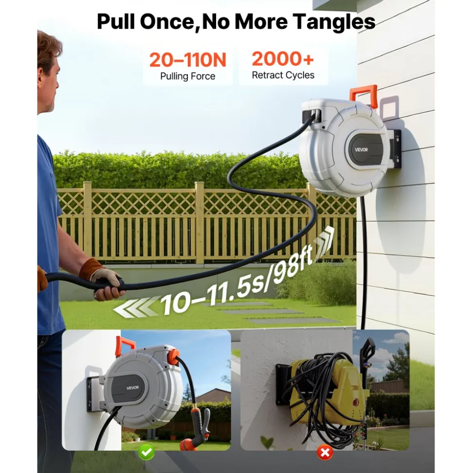 VEVOR Retractable Garden Hose Reel, 1/2 in x 50 ft, Wall Mounted Hose Reel with 9-Function Sprayer Nozzle and 180° Swivel Bracket, Any Length Lock, Automatic Slow Rewind System, for Garden Watering