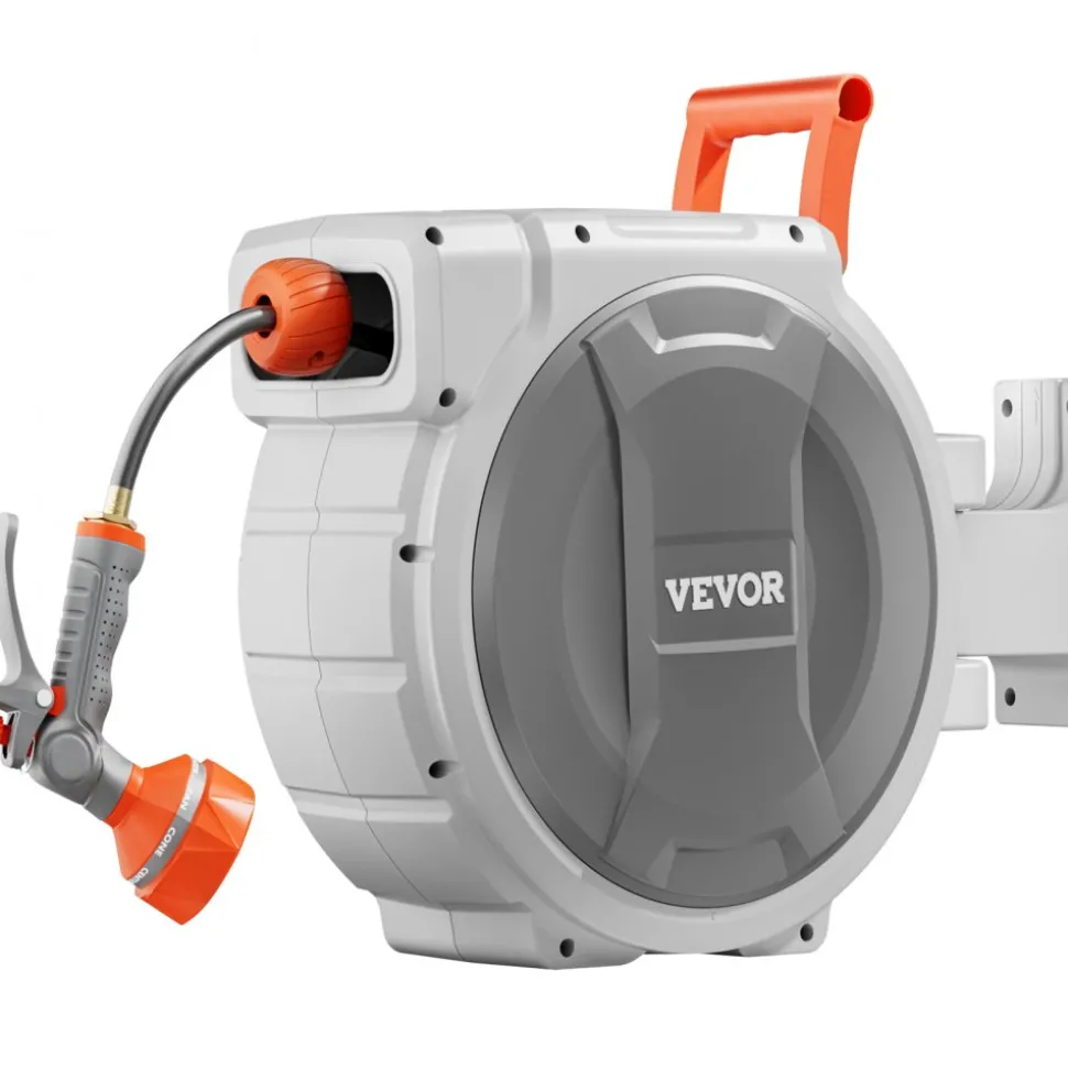 VEVOR Retractable Garden Hose Reel, 1/2 Inch x 65 ft Wall Mounted Hose Reel, Heavy Duty Garden Hose Reel with 9 Patterns Nozzle, Any Length Lock, Upgraded Slow Return System and 180°Swivel Bracket
