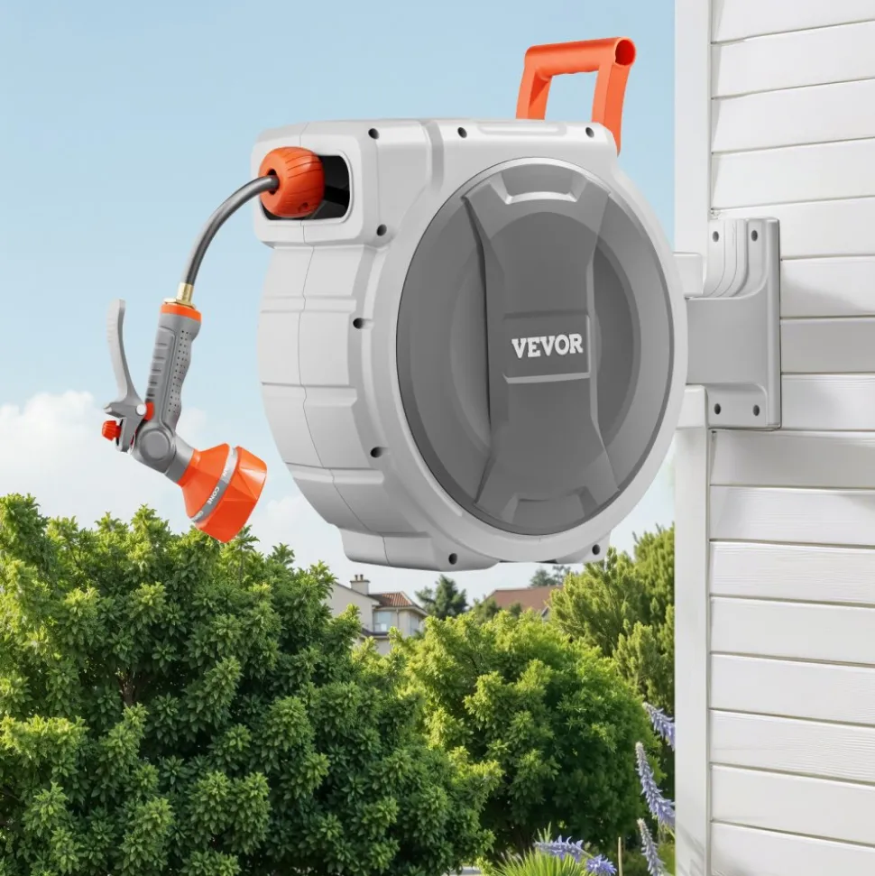 VEVOR Retractable Garden Hose Reel, 1/2 Inch x 65 ft Wall Mounted Hose Reel, Heavy Duty Garden Hose Reel with 9 Patterns Nozzle, Any Length Lock, Upgraded Slow Return System and 180°Swivel Bracket