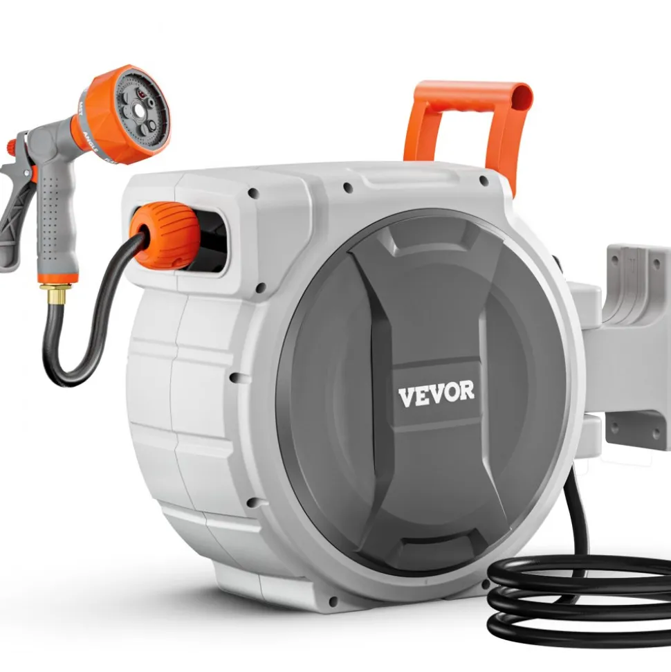 VEVOR Retractable Garden Hose Reel, 1/2 Inch x 65 ft Wall Mounted Hose Reel, Heavy Duty Garden Hose Reel with 9 Patterns Nozzle, Any Length Lock, Upgraded Slow Return System and 180°Swivel Bracket