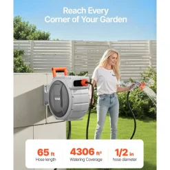 VEVOR Retractable Garden Hose Reel, 1/2 Inch x 65 ft Wall Mounted Hose Reel, Heavy Duty Garden Hose Reel with 9 Patterns Nozzle, Any Length Lock, Upgraded Slow Return System and 180°Swivel Bracket