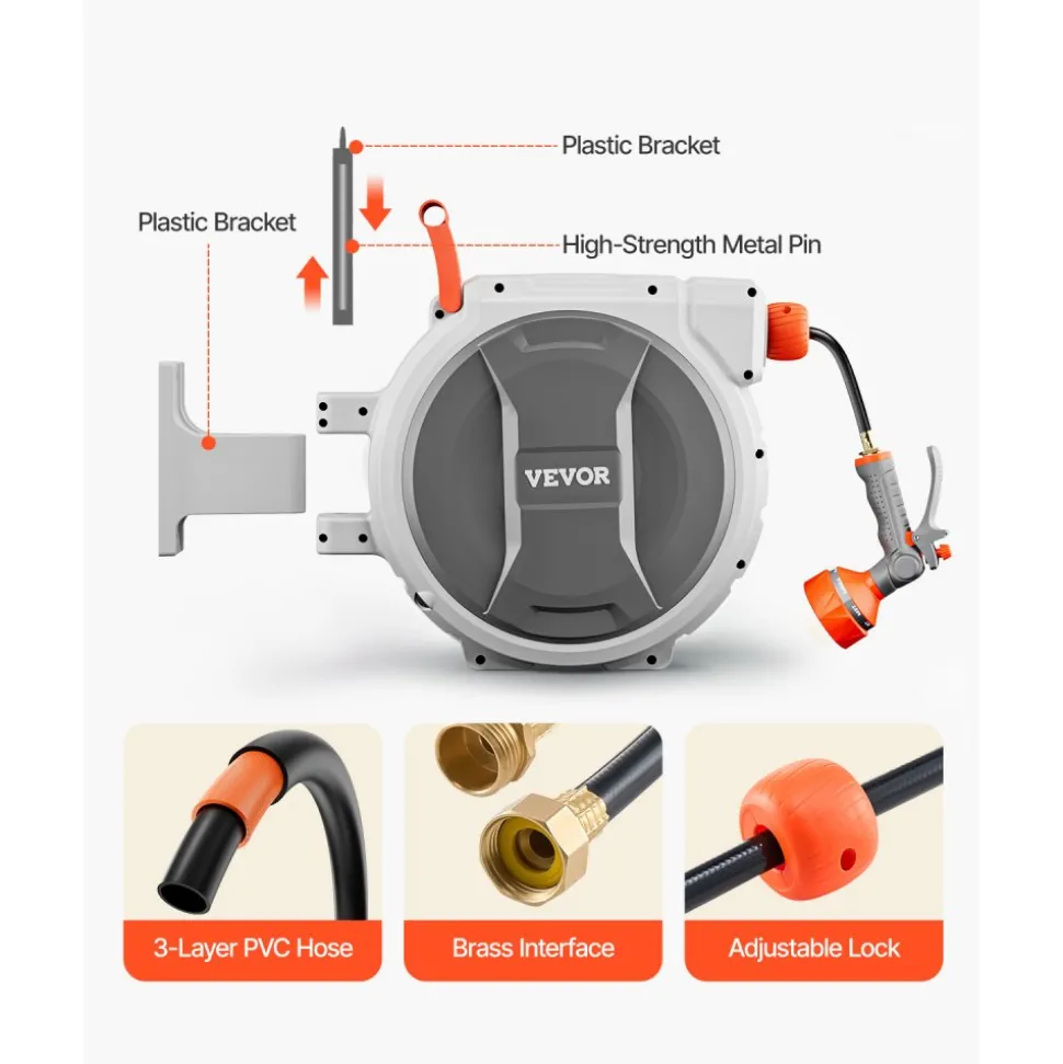 VEVOR Retractable Garden Hose Reel, 1/2 Inch x 65 ft Wall Mounted Hose Reel, Heavy Duty Garden Hose Reel with 9 Patterns Nozzle, Any Length Lock, Upgraded Slow Return System and 180°Swivel Bracket