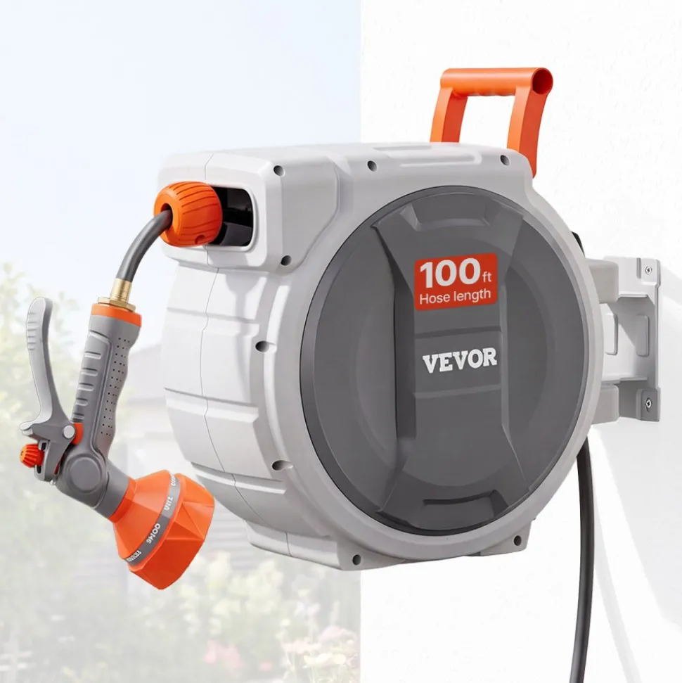 VEVOR Retractable Garden Hose Reel, 5/8 Inch x 100 ft Wall Mounted Hose Reel, Heavy Duty Garden Hose Reel with 9 Patterns Nozzle, Any Length Lock, Upgraded Slow Return System and 180°Swivel Bracket