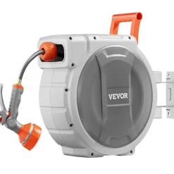 VEVOR Retractable Garden Hose Reel, 5/8 Inch x 100 ft Wall Mounted Hose Reel, Heavy Duty Garden Hose Reel with 9 Patterns Nozzle, Any Length Lock, Upgraded Slow Return System and 180°Swivel Bracket