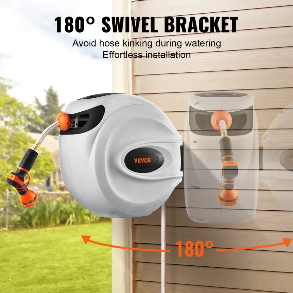 VEVOR Retractable Hose Reel, 130 ft x 1/2 inch, 180° Swivel Bracket Wall-Mounted, Garden Water Hose Reel with 9-Pattern Nozzle, Automatic Rewind, Lock at Any Length, and Slow Return System