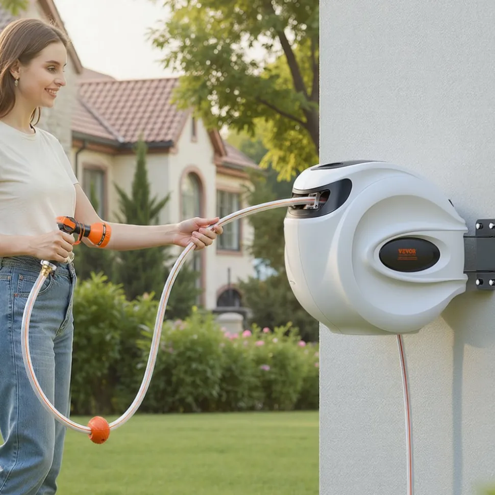 VEVOR Retractable Hose Reel, 115 ft x 1/2 inch, 180° Swivel Bracket Wall-Mounted, Garden Water Hose Reel with 9-Pattern Nozzle, Automatic Rewind, Lock at Any Length, and Slow Return System