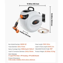 VEVOR Retractable Hose Reel, 115 ft x 1/2 inch, 180° Swivel Bracket Wall-Mounted, Garden Water Hose Reel with 9-Pattern Nozzle, Automatic Rewind, Lock at Any Length, and Slow Return System