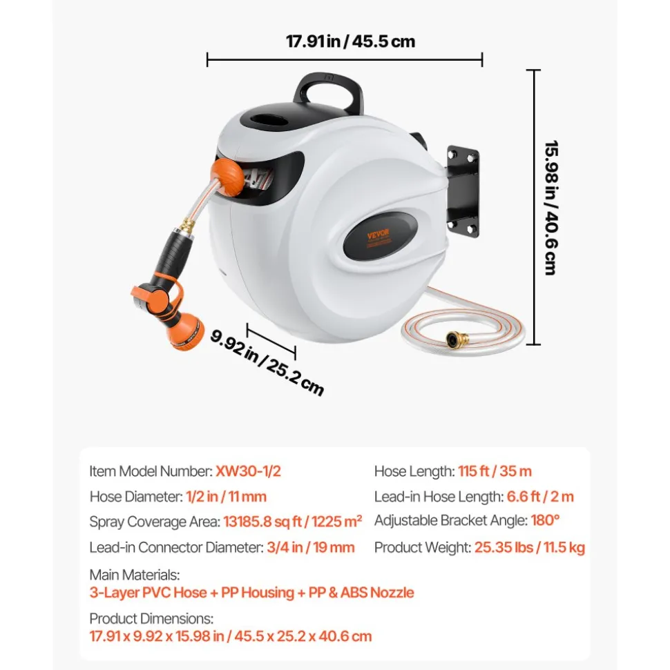 VEVOR Retractable Hose Reel, 115 ft x 1/2 inch, 180° Swivel Bracket Wall-Mounted, Garden Water Hose Reel with 9-Pattern Nozzle, Automatic Rewind, Lock at Any Length, and Slow Return System