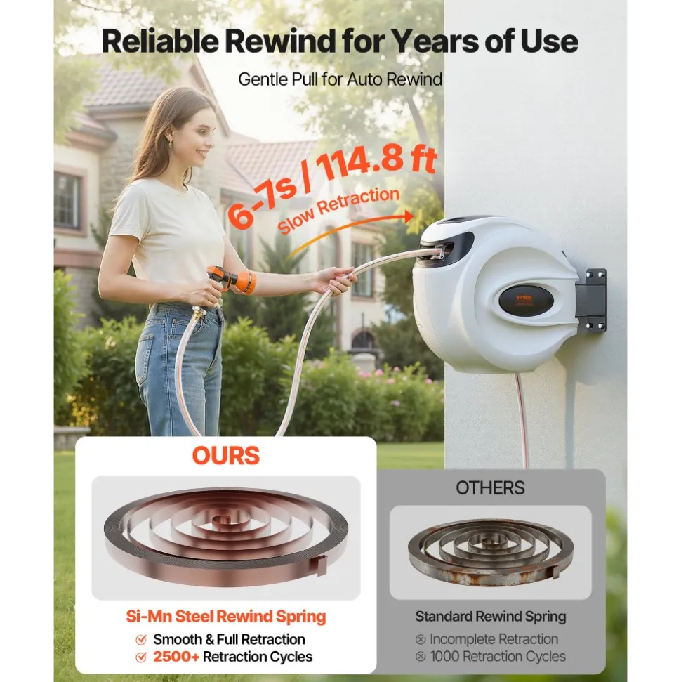 VEVOR Retractable Hose Reel, 115 ft x 1/2 inch, 180° Swivel Bracket Wall-Mounted, Garden Water Hose Reel with 9-Pattern Nozzle, Automatic Rewind, Lock at Any Length, and Slow Return System