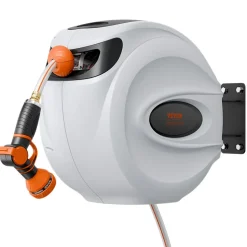VEVOR Retractable Hose Reel, 115 ft x 1/2 inch, 180° Swivel Bracket Wall-Mounted, Garden Water Hose Reel with 9-Pattern Nozzle, Automatic Rewind, Lock at Any Length, and Slow Return System