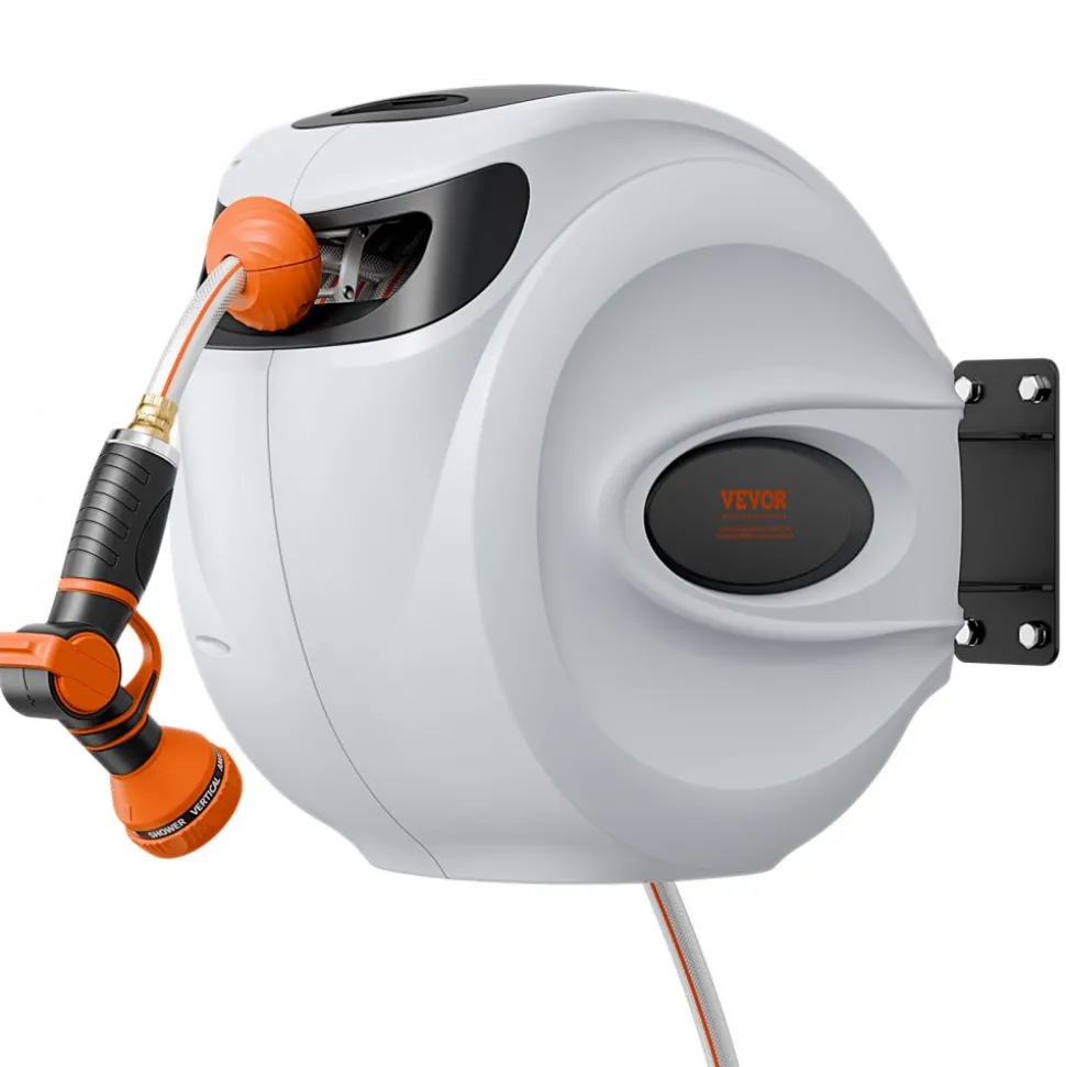 VEVOR Retractable Hose Reel, 115 ft x 1/2 inch, 180° Swivel Bracket Wall-Mounted, Garden Water Hose Reel with 9-Pattern Nozzle, Automatic Rewind, Lock at Any Length, and Slow Return System
