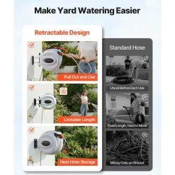 VEVOR Retractable Hose Reel, 115 ft x 1/2 inch, 180° Swivel Bracket Wall-Mounted, Garden Water Hose Reel with 9-Pattern Nozzle, Automatic Rewind, Lock at Any Length, and Slow Return System