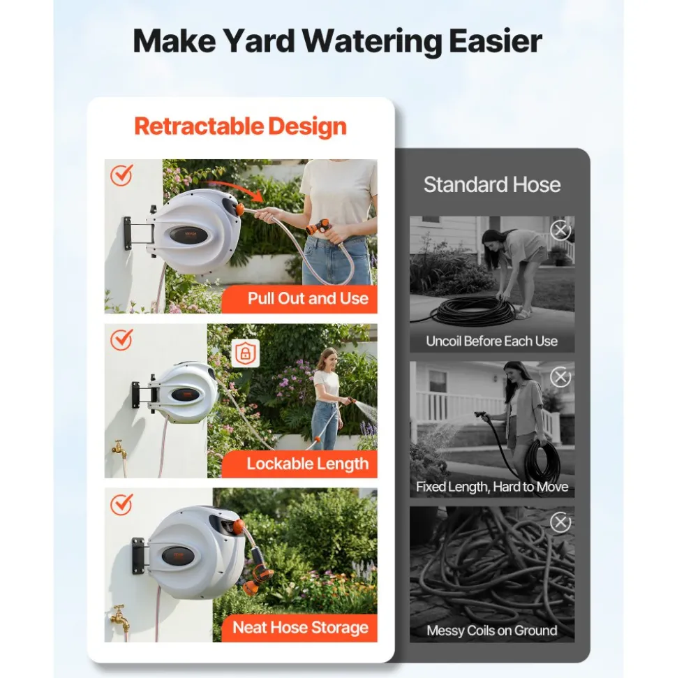 VEVOR Retractable Hose Reel, 115 ft x 1/2 inch, 180° Swivel Bracket Wall-Mounted, Garden Water Hose Reel with 9-Pattern Nozzle, Automatic Rewind, Lock at Any Length, and Slow Return System