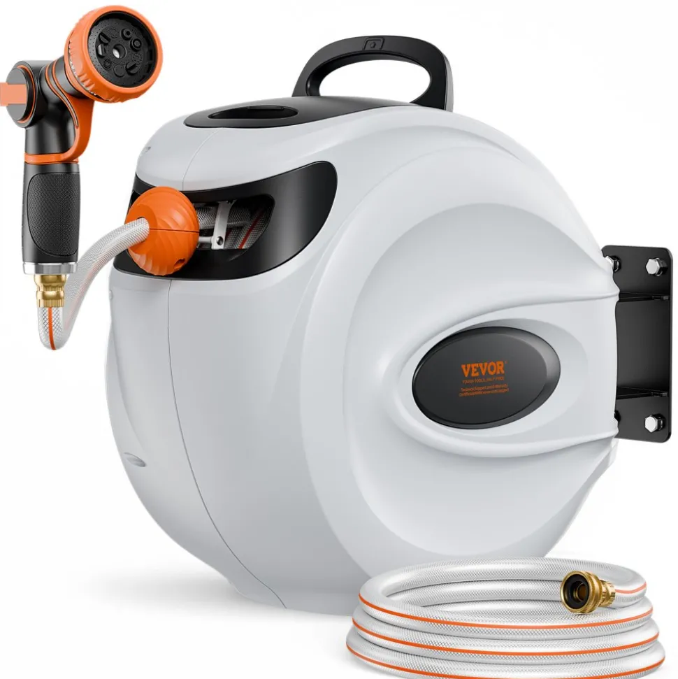 VEVOR Retractable Hose Reel, 100 ft x 1/2 inch, 180° Swivel Bracket Wall-Mounted, Garden Water Hose Reel with 9-Pattern Nozzle, Automatic Rewind, Lock at Any Length, and Slow Return System