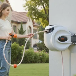 VEVOR Retractable Hose Reel, 100 ft x 1/2 inch, 180° Swivel Bracket Wall-Mounted, Garden Water Hose Reel with 9-Pattern Nozzle, Automatic Rewind, Lock at Any Length, and Slow Return System