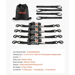 VEVOR Retractable Ratchet Straps, 1 in x 6 ft, Tie Down Straps with S Hooks, 1200 lbs Break Strength, 4 Soft Loops, Tie Down Ratcheting for Moving, Trailers, Motorcycles, Kayaks, Car Roof, 4 Pack
