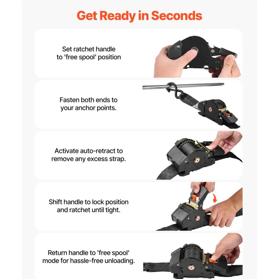 VEVOR Retractable Ratchet Straps, 2 in x 10 ft, Tie Down Straps with S Hooks, 3033 lbs Break Strength, 2 Soft Loops, Tie Down Ratcheting for Moving, Trailers, Motorcycles, Kayaks, Car Roof, 2 Pack