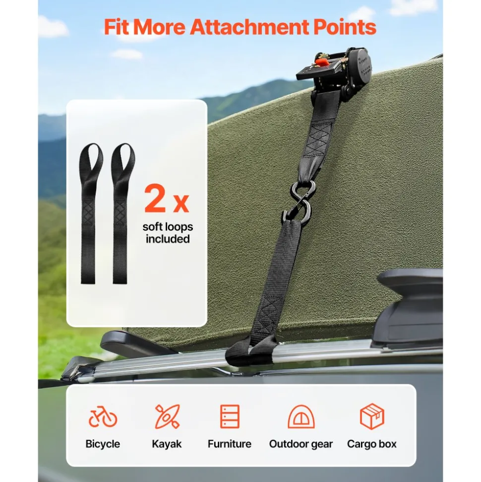 VEVOR Retractable Ratchet Straps, 2 in x 10 ft, Tie Down Straps with S Hooks, 3033 lbs Break Strength, 2 Soft Loops, Tie Down Ratcheting for Moving, Trailers, Motorcycles, Kayaks, Car Roof, 2 Pack