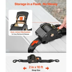 VEVOR Retractable Ratchet Straps, 2 in x 10 ft, Tie Down Straps with S Hooks, 3033 lbs Break Strength, 2 Soft Loops, Tie Down Ratcheting for Moving, Trailers, Motorcycles, Kayaks, Car Roof, 2 Pack