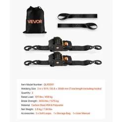 VEVOR Retractable Ratchet Straps, 2 in x 10 ft, Tie Down Straps with S Hooks, 3033 lbs Break Strength, 2 Soft Loops, Tie Down Ratcheting for Moving, Trailers, Motorcycles, Kayaks, Car Roof, 2 Pack