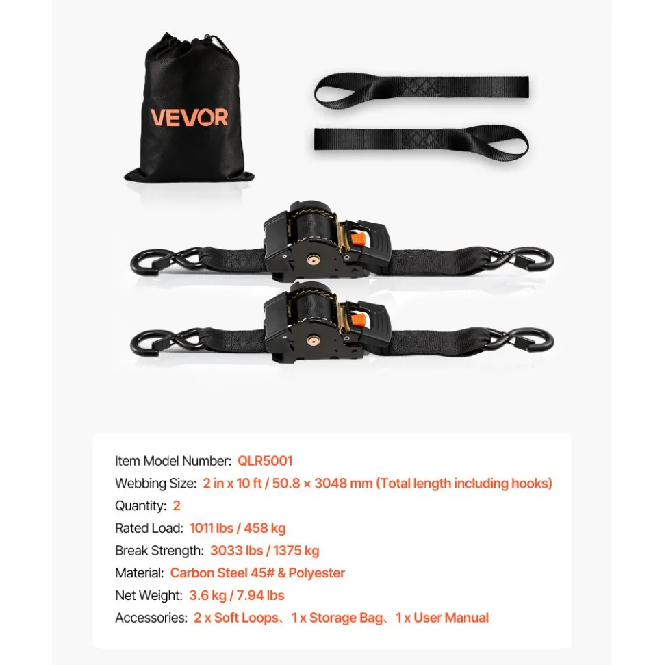 VEVOR Retractable Ratchet Straps, 2 in x 10 ft, Tie Down Straps with S Hooks, 3033 lbs Break Strength, 2 Soft Loops, Tie Down Ratcheting for Moving, Trailers, Motorcycles, Kayaks, Car Roof, 2 Pack