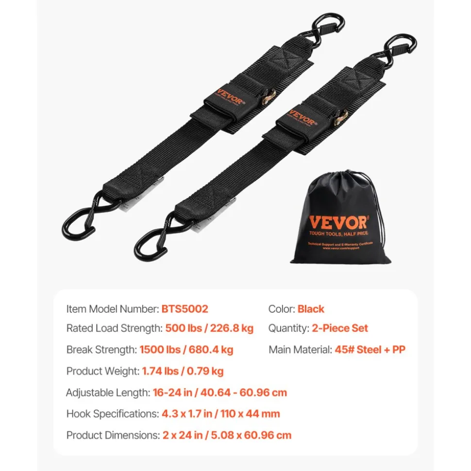 VEVOR Retractable Ratchet Straps, 2 in x 2 ft Ratchet Tie Down Straps with Security Lock S Hooks, 2 Pack Heavy Duty Ratchet Tie Down Straps with 1500 lbs Break Strength, for Trailers, Vehicles, Boat