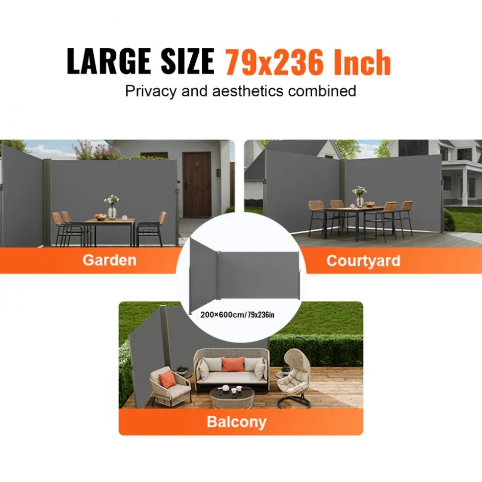 VEVOR Retractable Side Awning, 79''x 236'' Outdoor Privacy Screen, 180g Polyester Water-proof Retractable Patio Screen, UV 30+ Room Divider Wind Screen for Patio, Backyard, Balcony, Gray